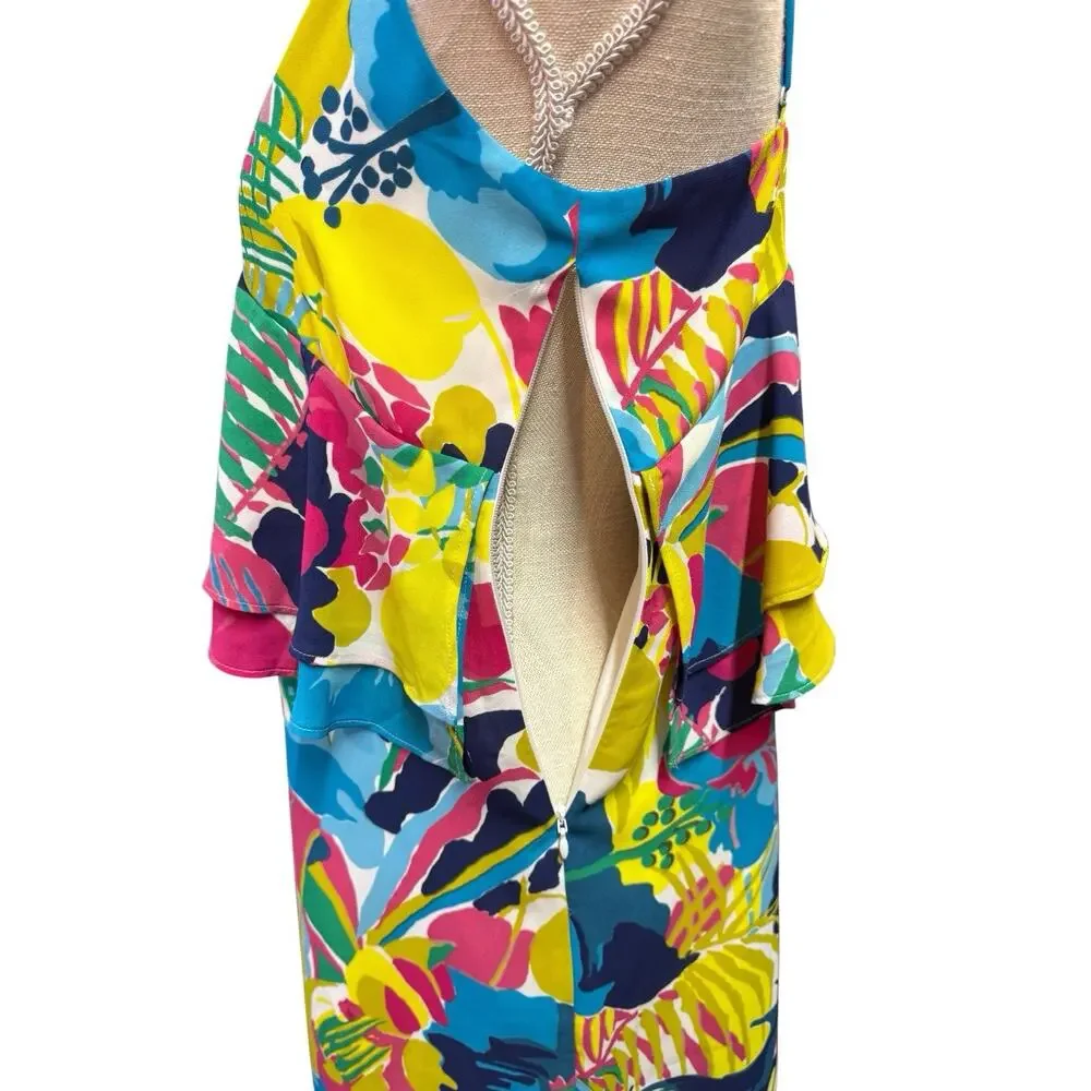 J.Crew Dress Ruffle Front Bright Multi Floral Spaghetti Strap Midi Size 4